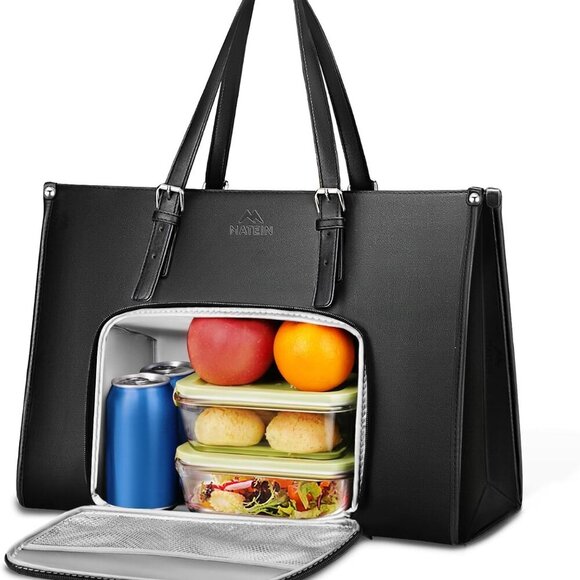 Laptop Tote Bag with Insulated Lunch Compartment, 15.6 Inch PU Leather Briefcase - Picture 1 of 9